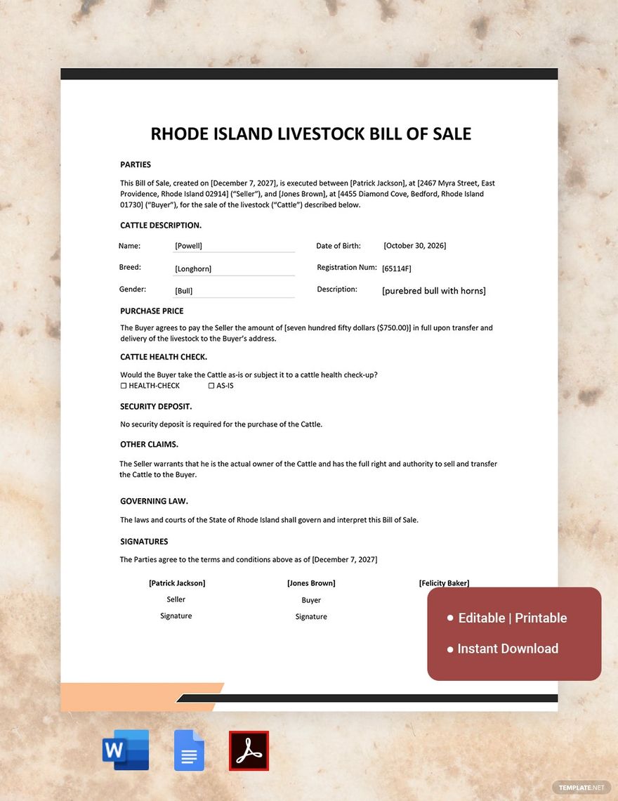 Rhode Island Livestock Bill of Sale Template