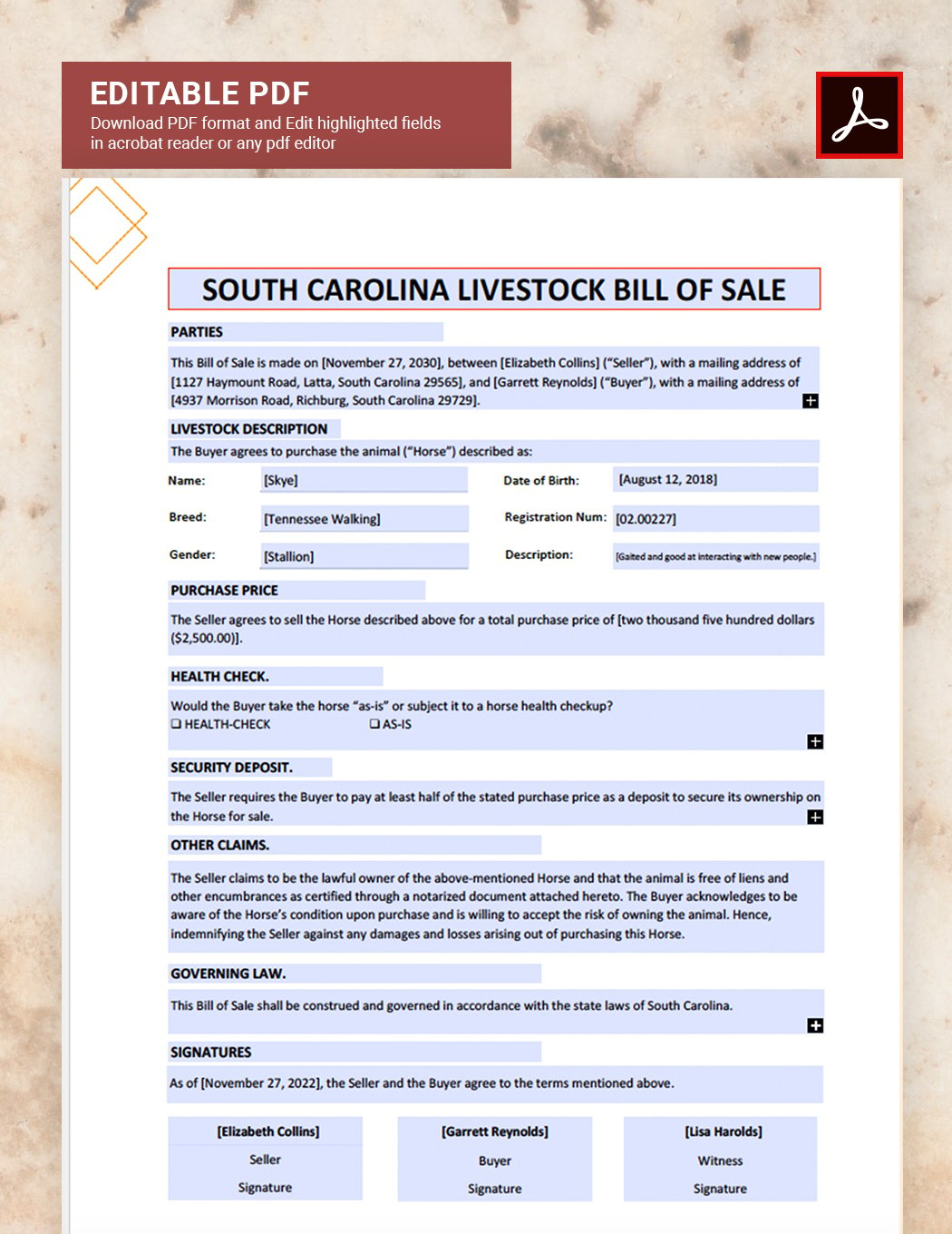 South Carolina Livestock Bill of Sale Template