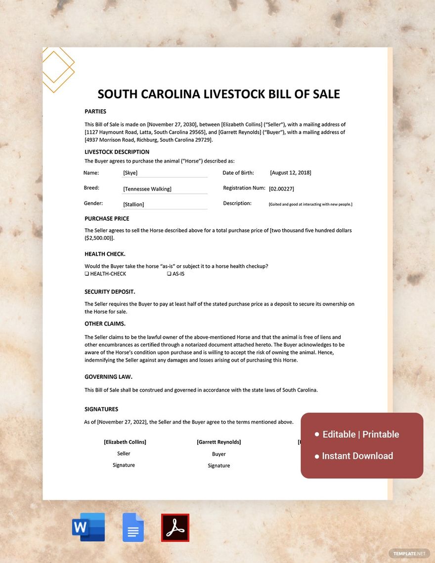 South Carolina Livestock Bill of Sale Template