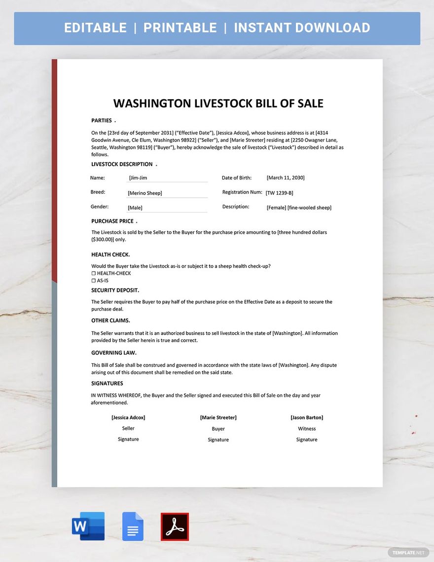 Free Washington Livestock Bill of Sale Form Template