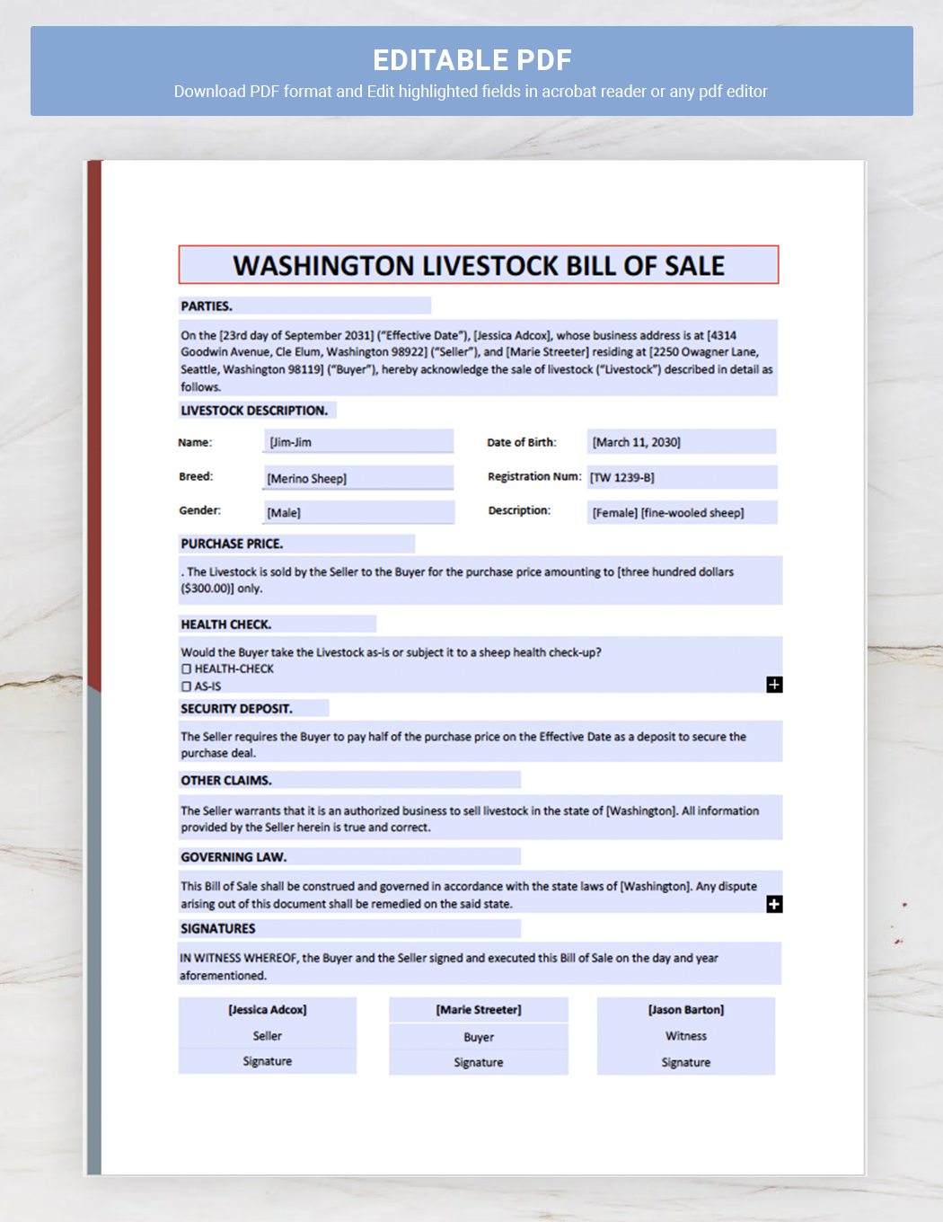 Washington Livestock Bill of Sale Form Template