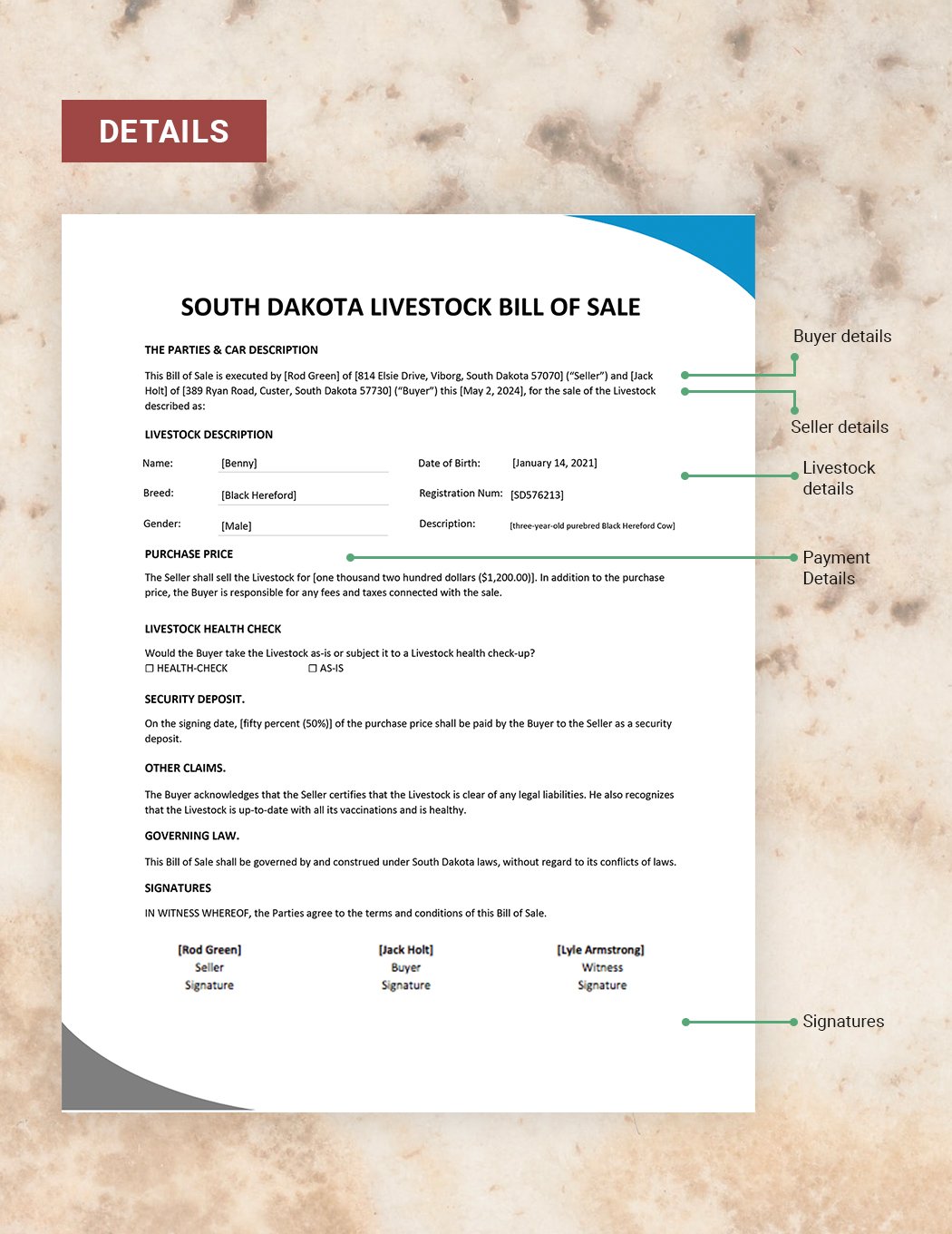 South Dakota Livestock Bill of Sale Form Template
