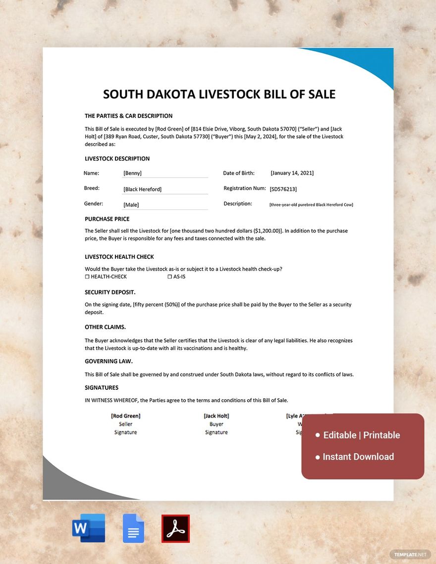Free South Dakota Livestock Bill of Sale Form Template in Word, Google Docs, PDF, Apple Pages