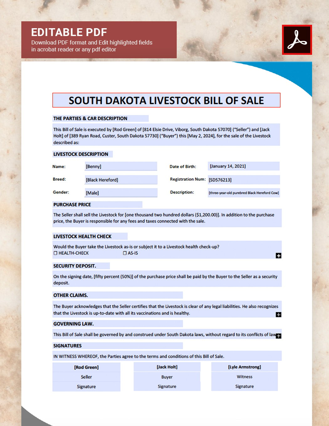 South Dakota Livestock Bill of Sale Form Template
