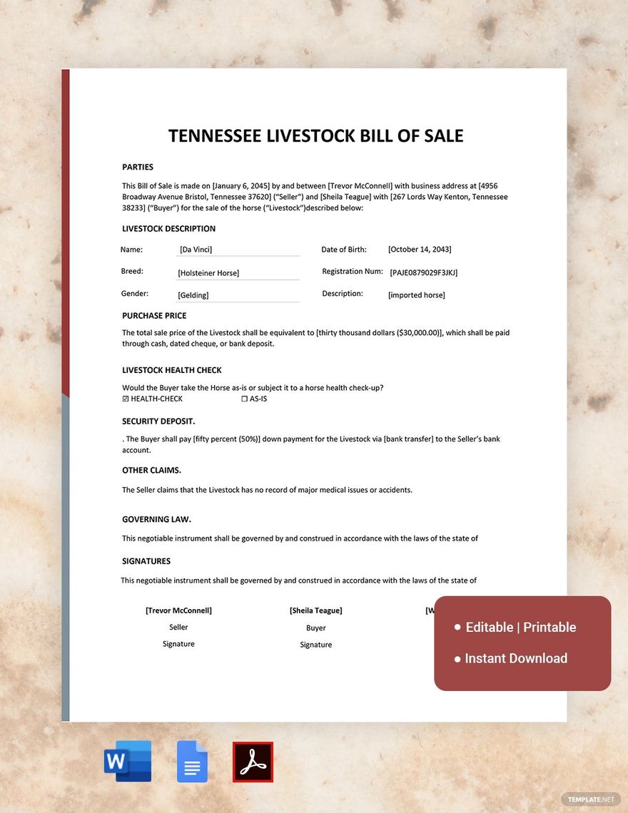 Tennessee Livestock Bill of Sale Template
