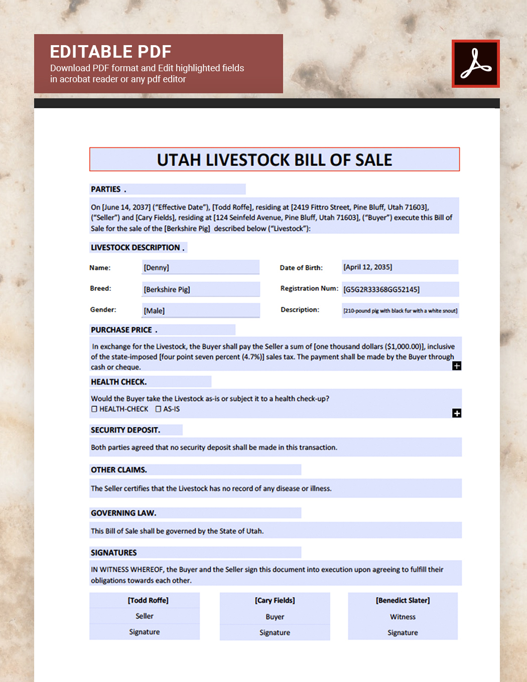 Utah Livestock Bill of Sale Template