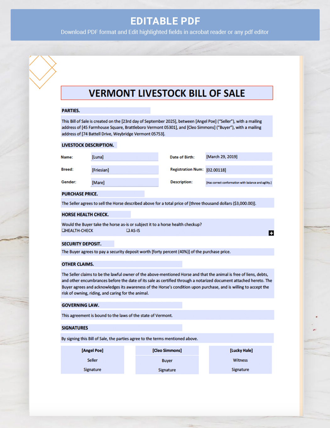 Vermont Livestock Bill of Sale Template
