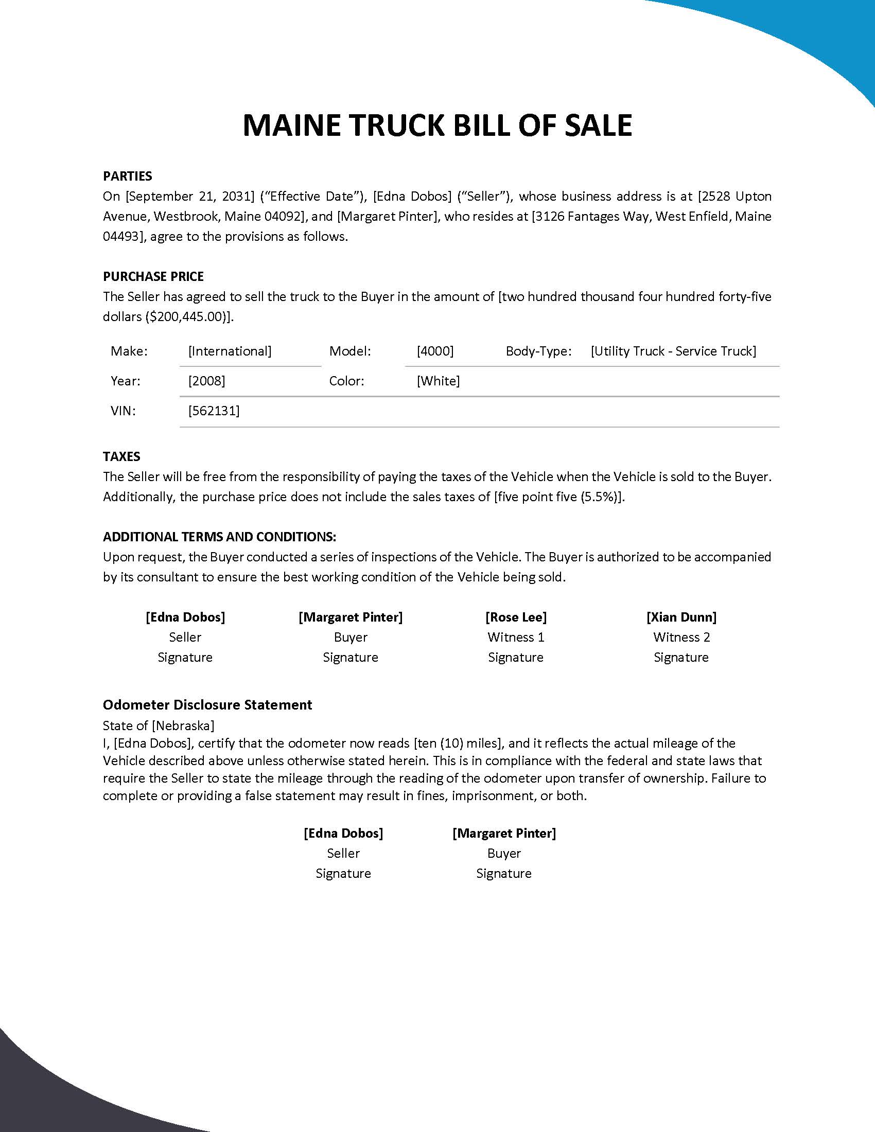 Maine Truck Bill of Sale Template Google Docs, Word, PDF