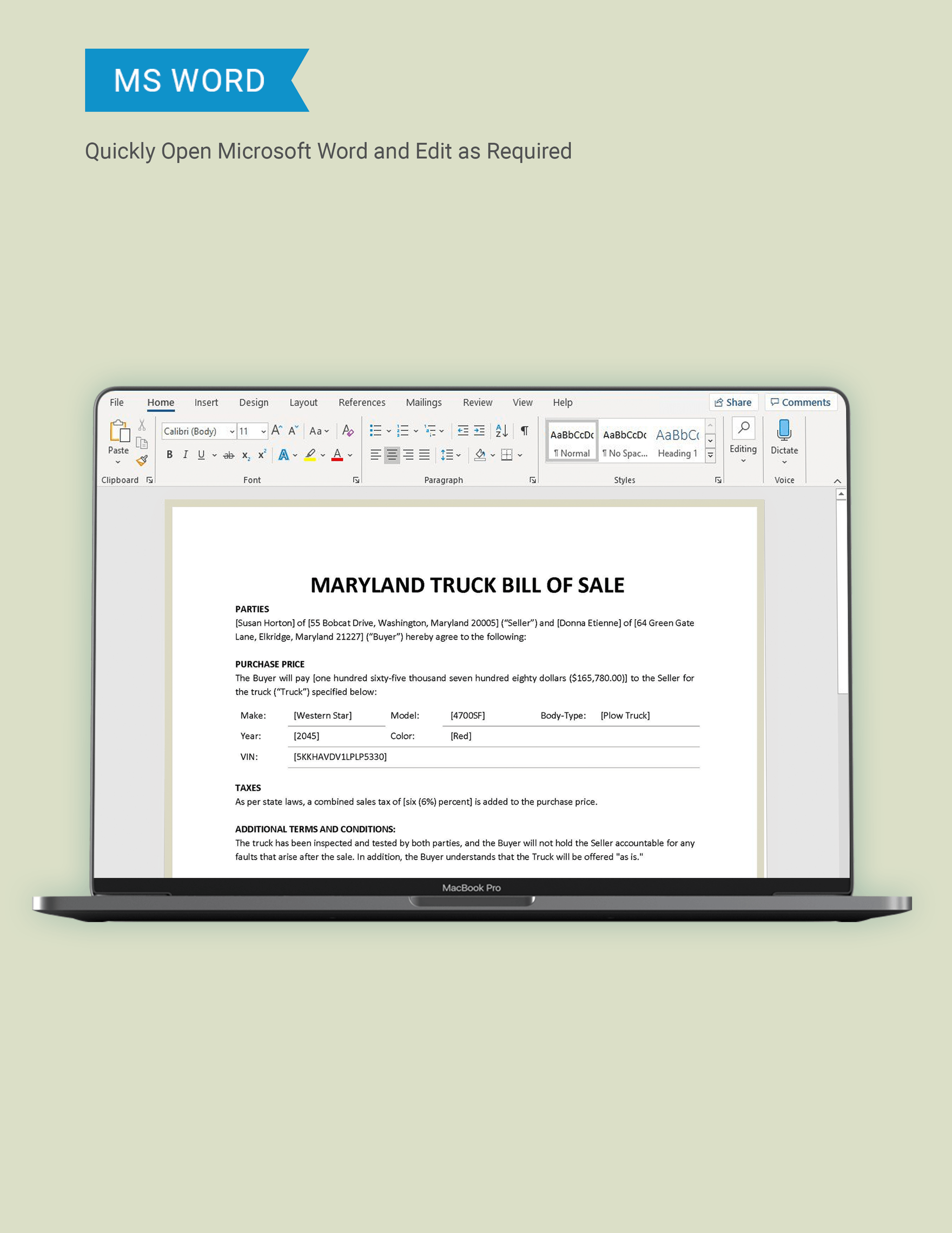 Maryland Truck Bill of Sale Template