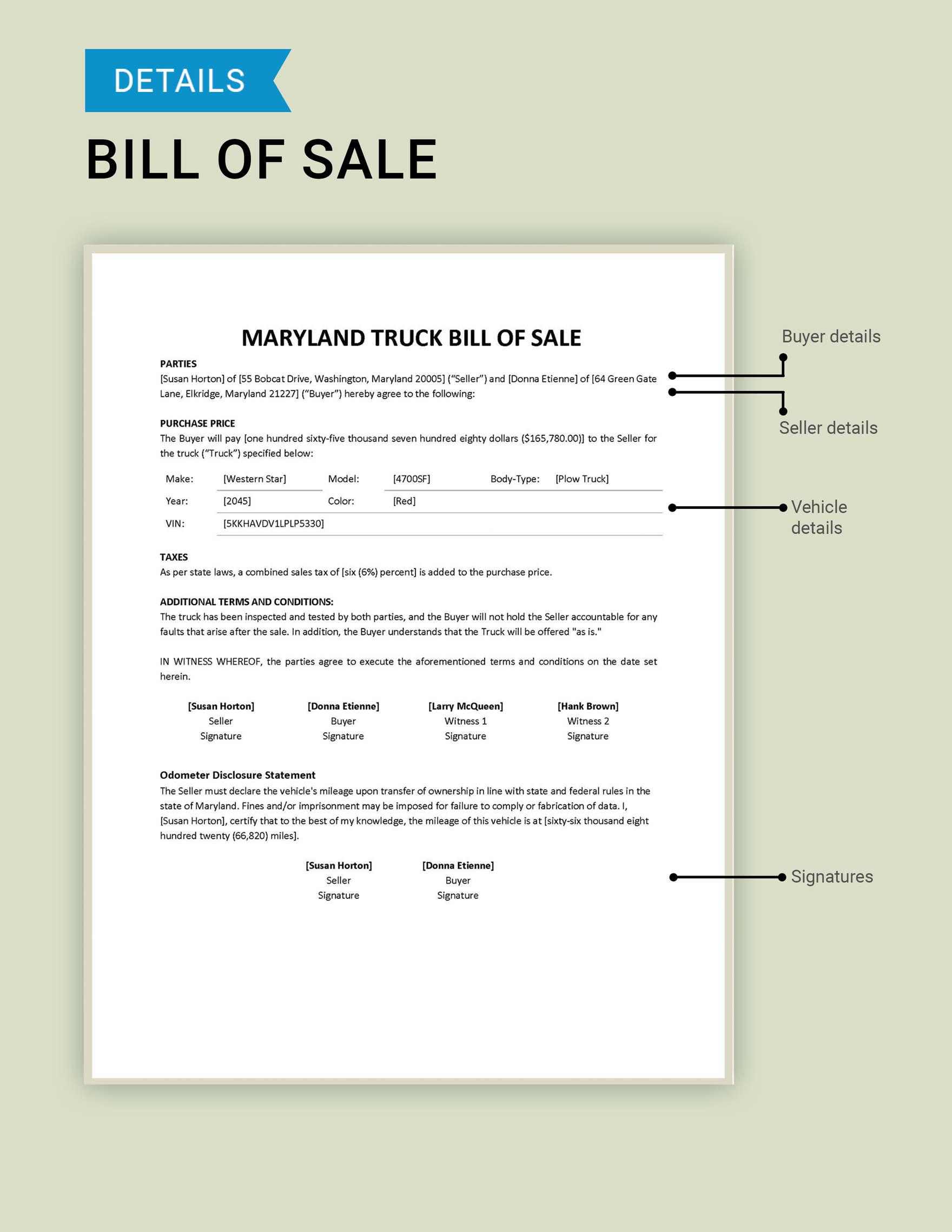 Maryland Truck Bill of Sale Template
