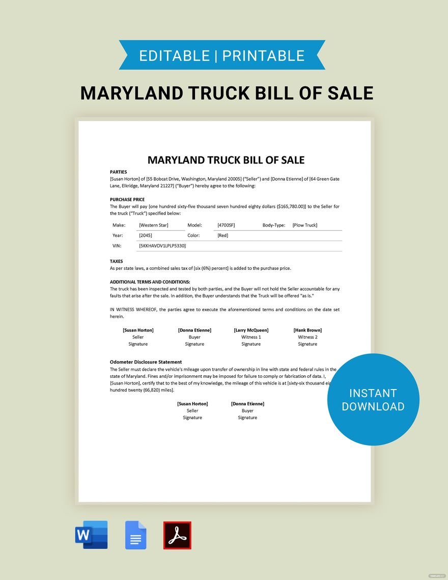 Maryland Truck Bill of Sale Template in Word, Google Docs, PDF, Apple Pages