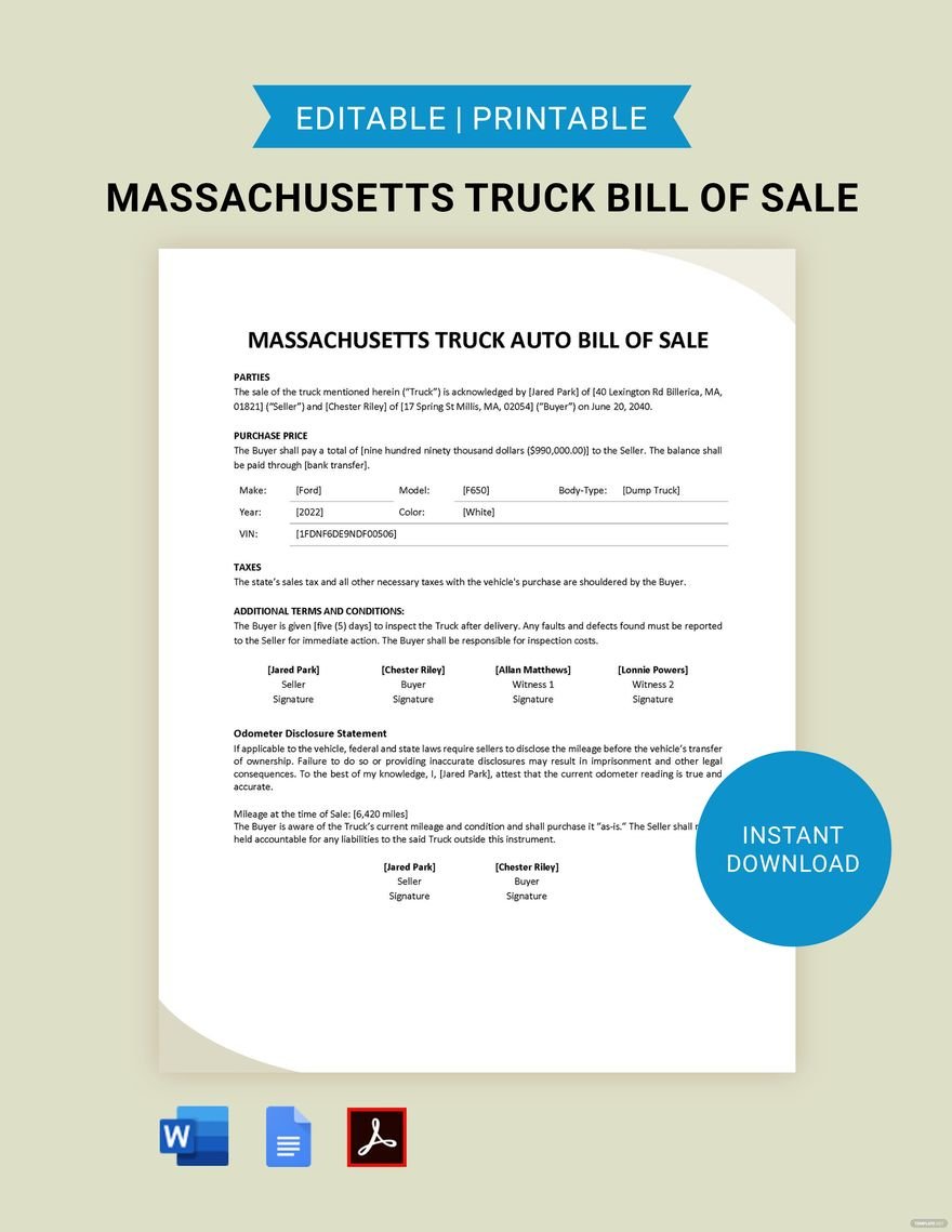 Massachusetts Truck Bill of Sale Template in Word, Google Docs, PDF, Apple Pages