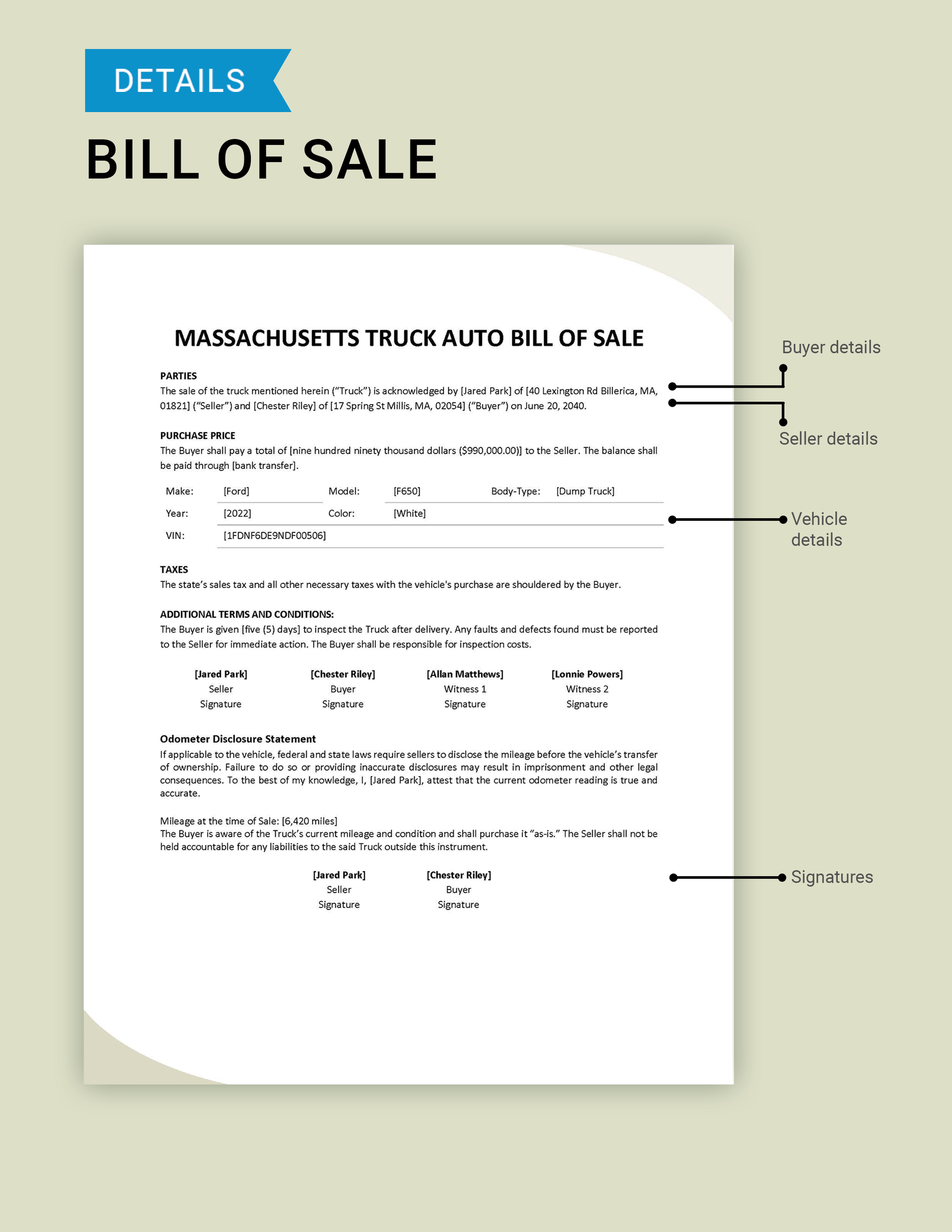 Massachusetts Truck Bill of Sale Template