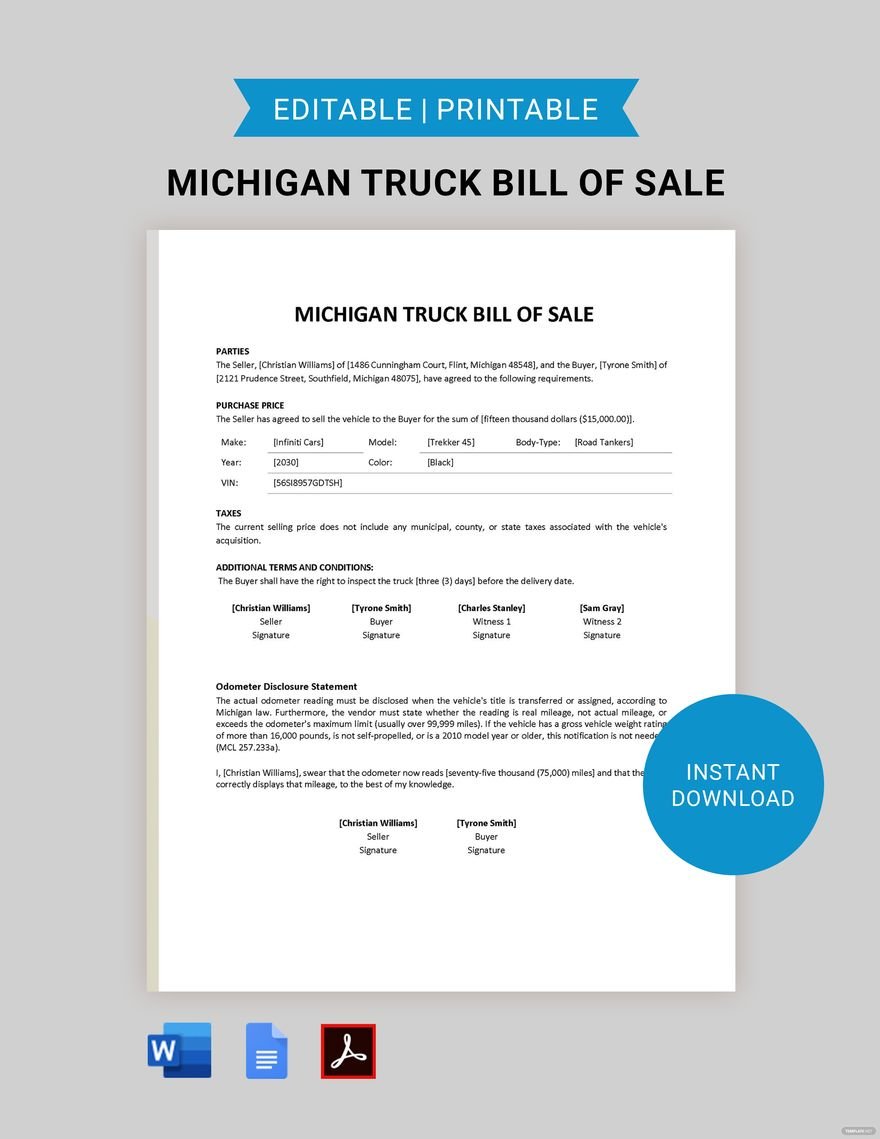 Michigan Truck Bill of Sale Template in Word, Google Docs, PDF, Apple Pages