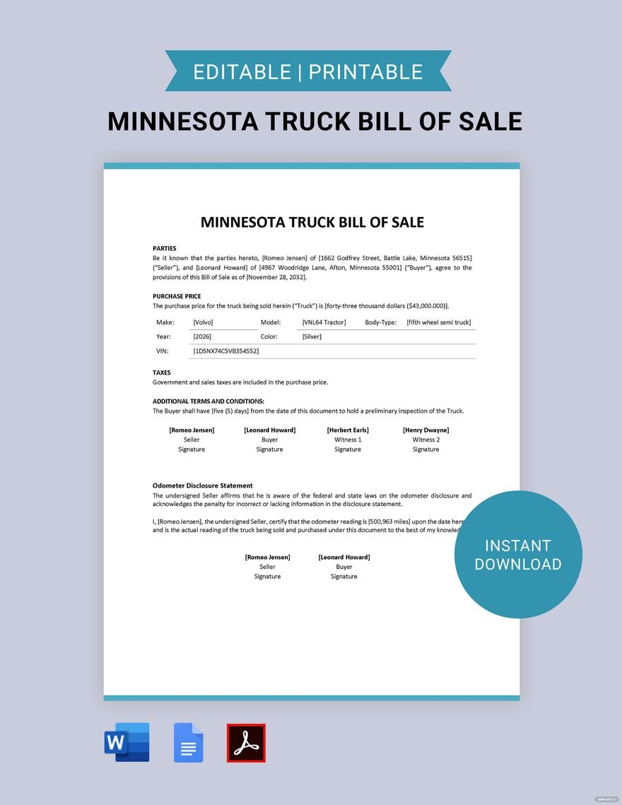 Minnesota Truck Bill of Sale Template
