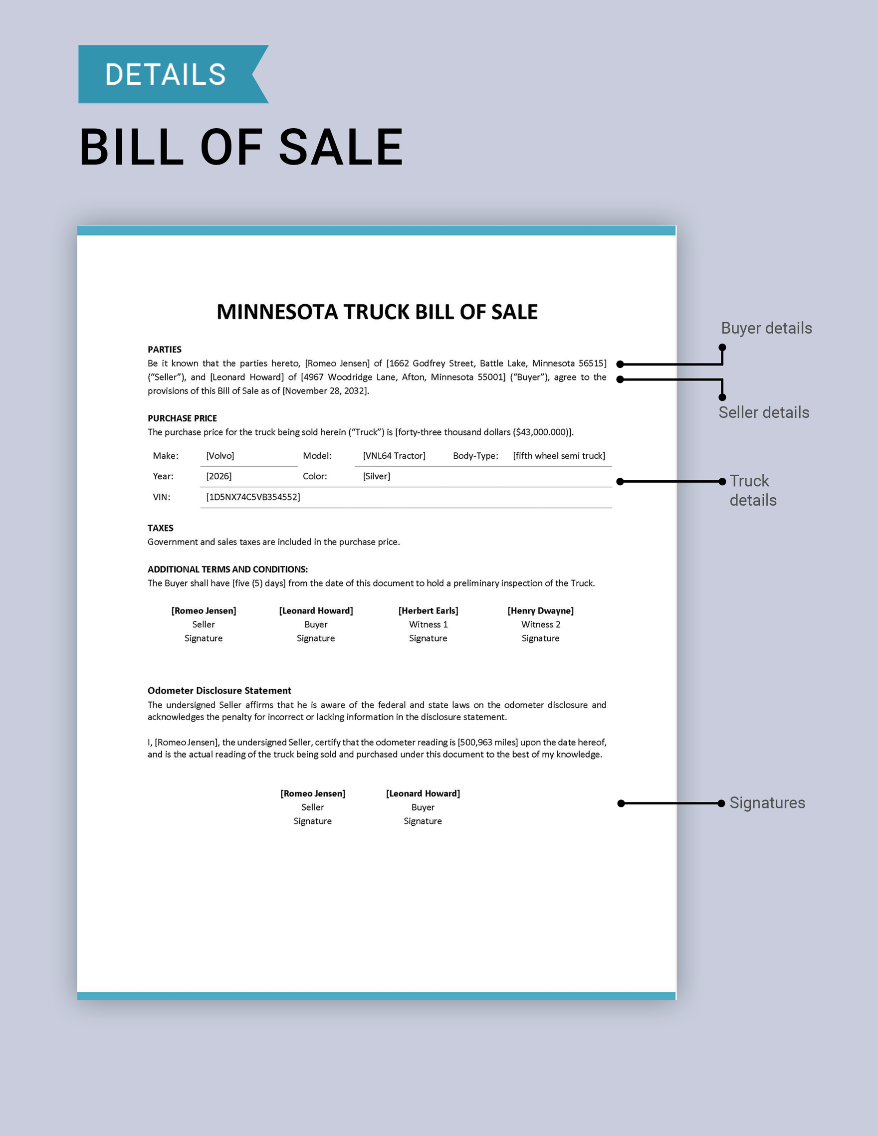 Minnesota Truck Bill of Sale Template