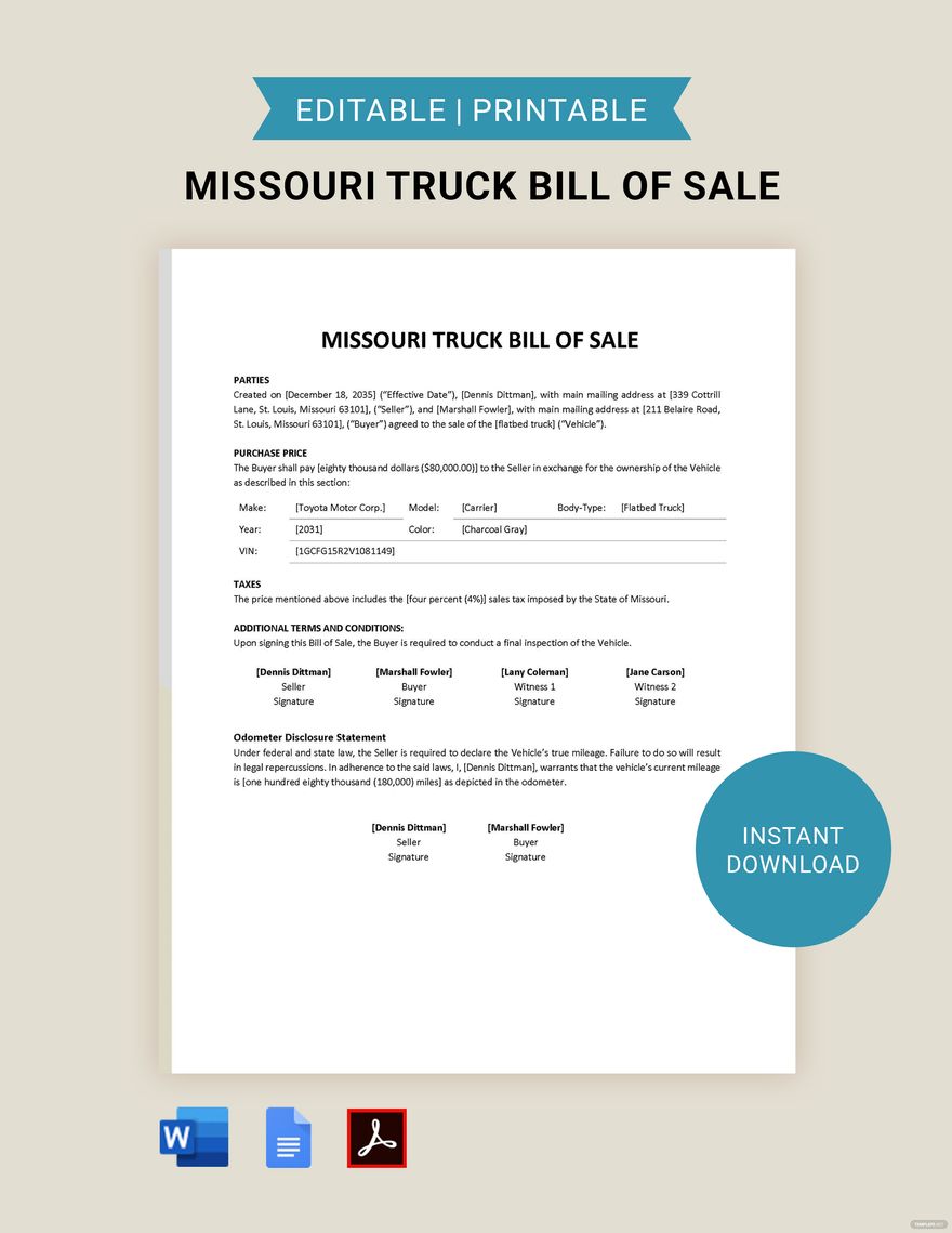 Missouri Truck Bill of Sale Template