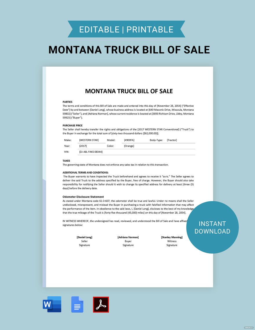 Montana Truck Bill of Sale Template