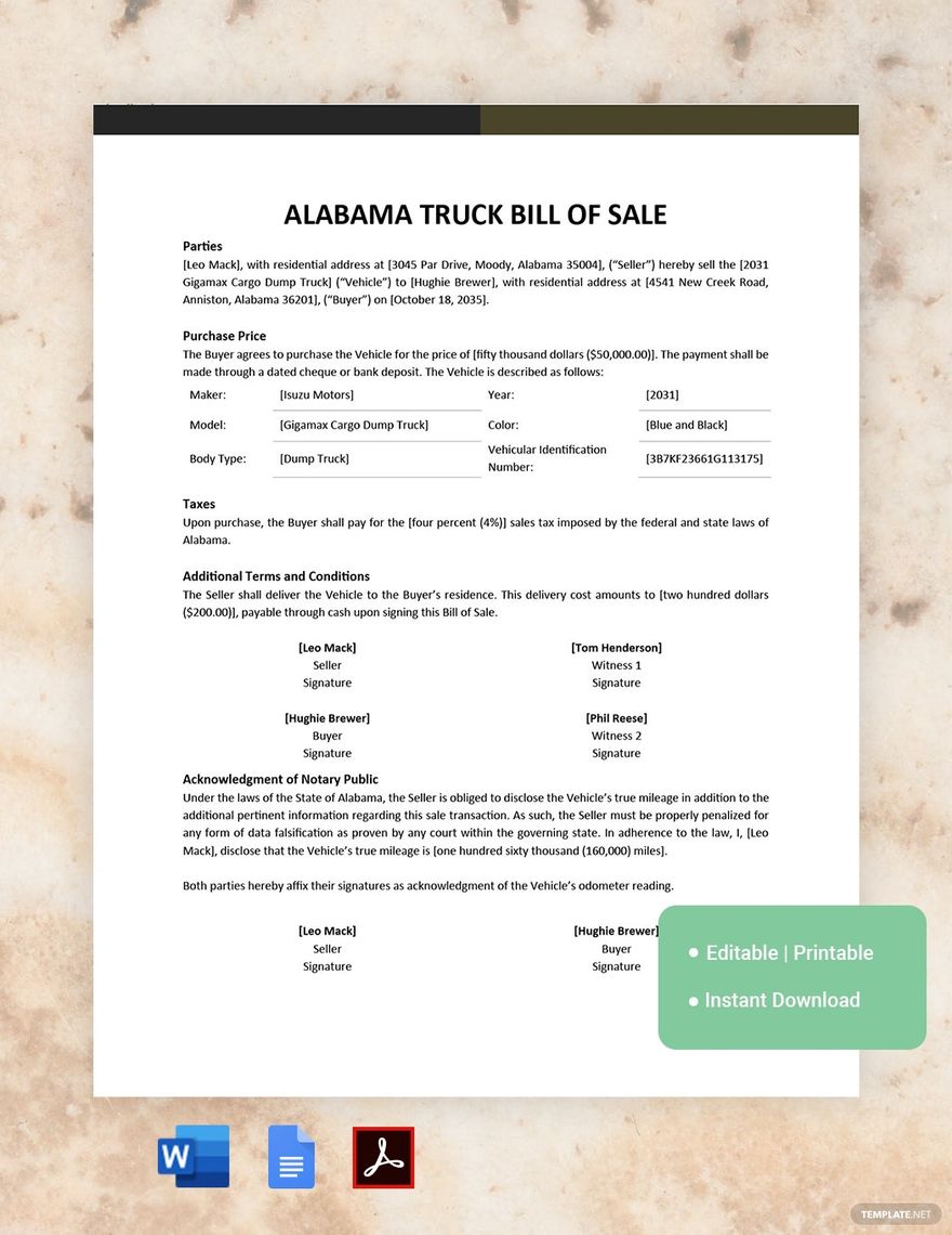 Alabama Truck Bill of Sale Template