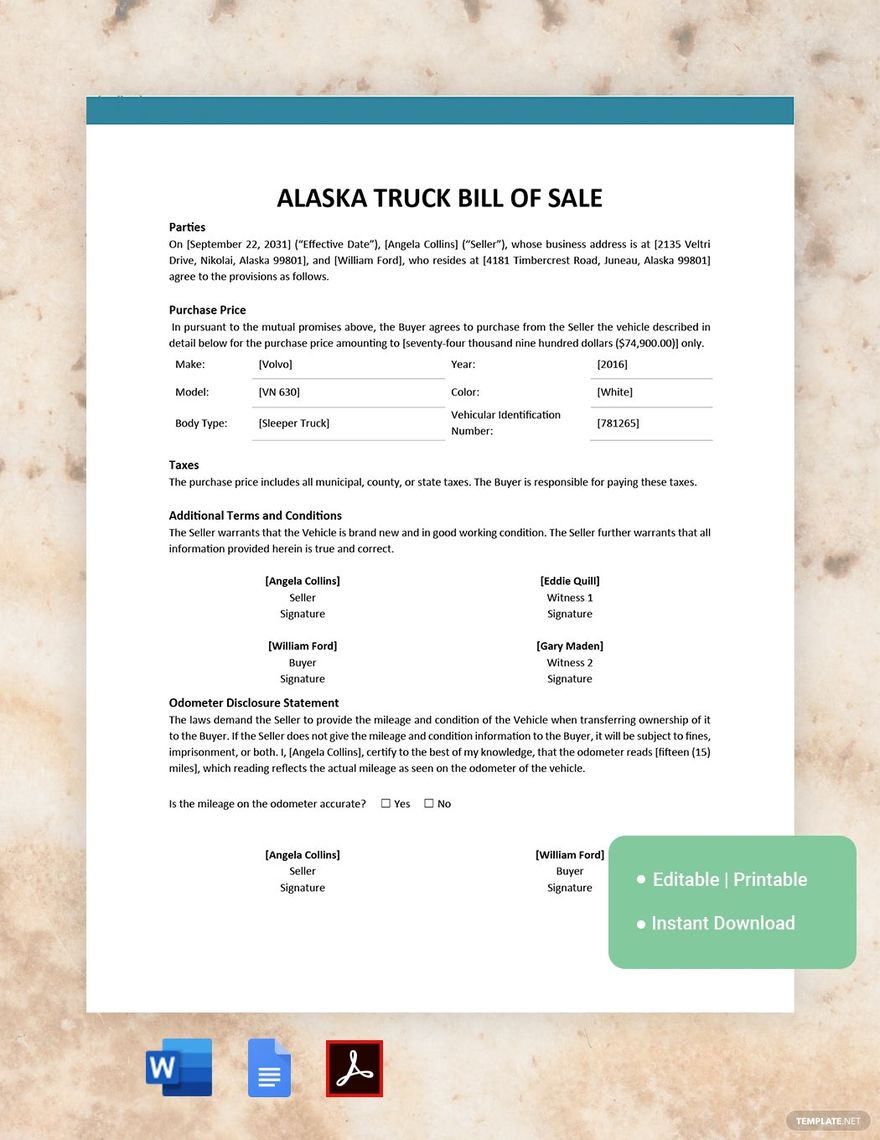 Alaska Truck Bill of Sale Form Template