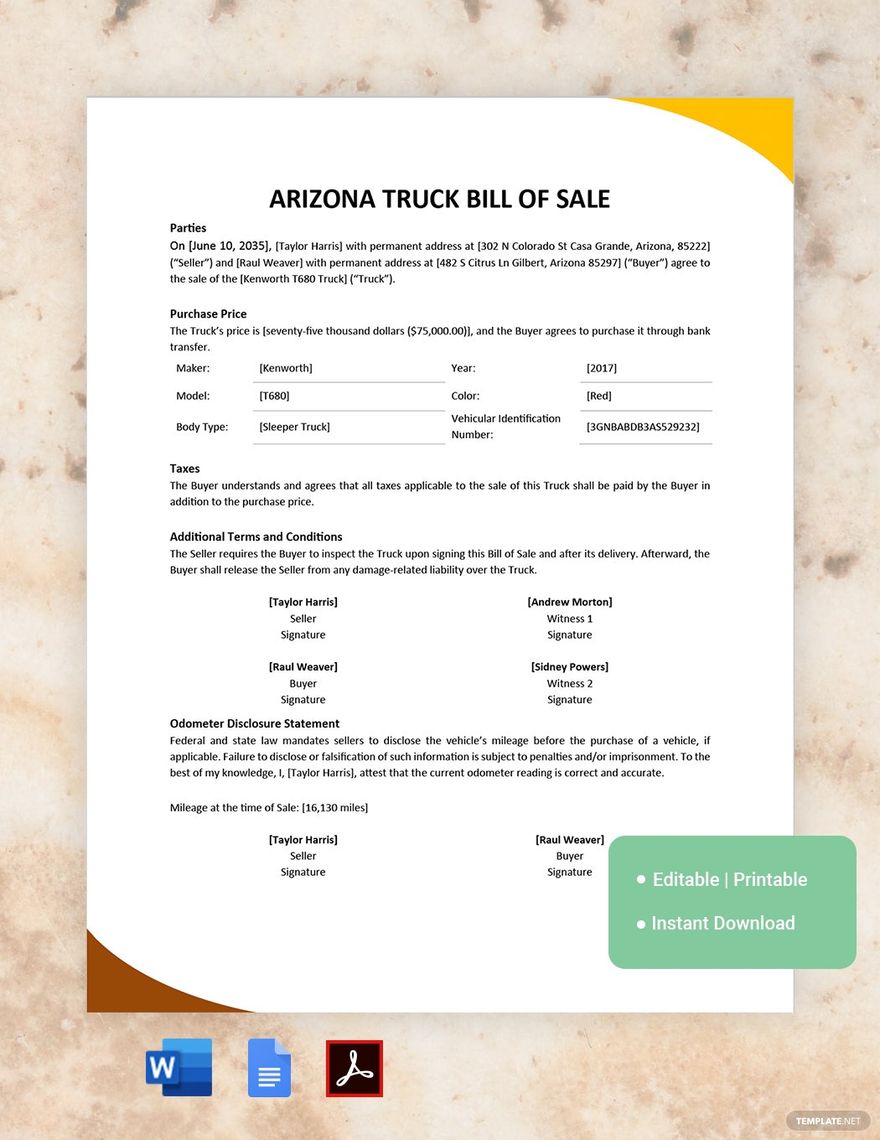 Arizona Truck Bill of Sale Template
