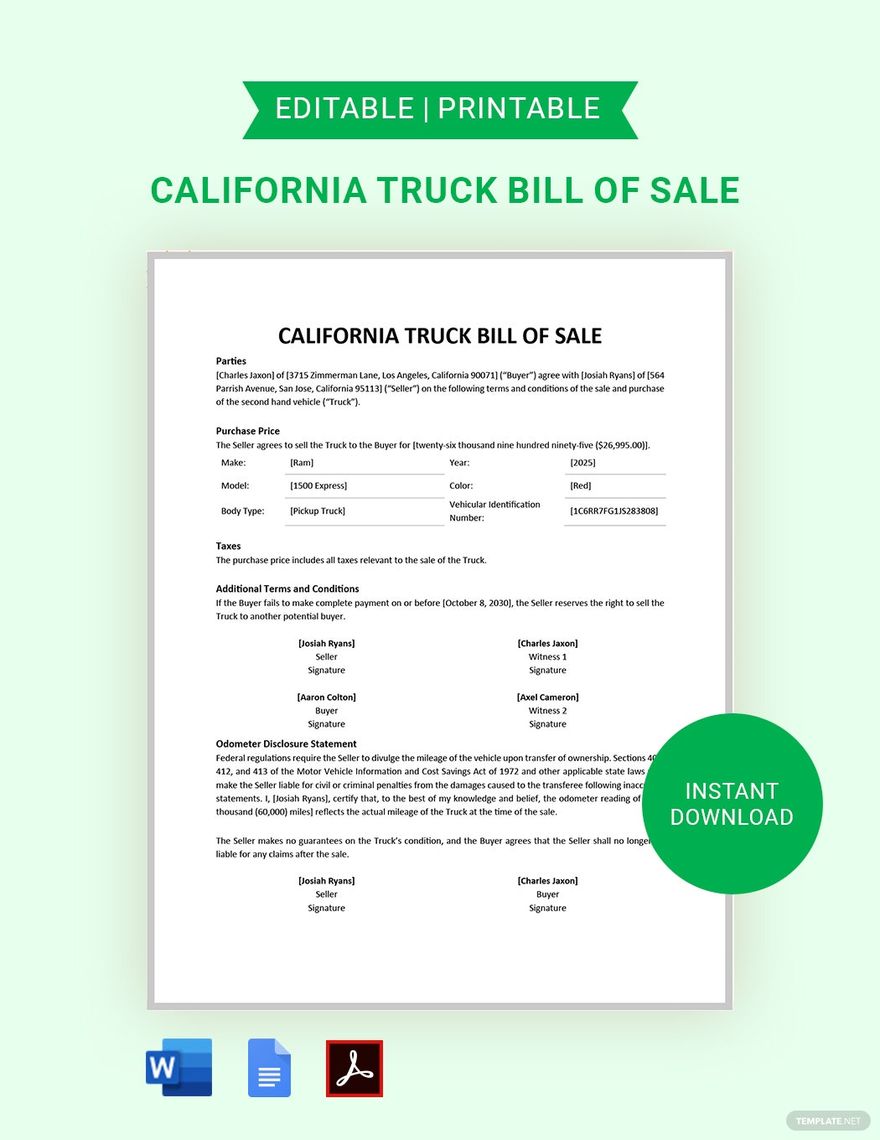 California Truck Bill of Sale Template