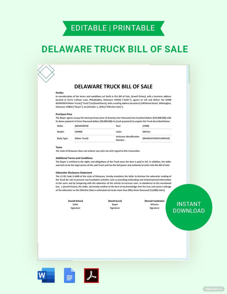 Delaware Truck Bill of Sale Template