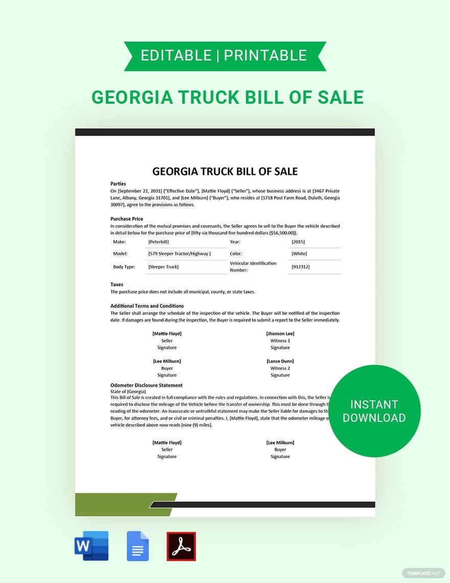 Georgia Truck Bill of Sale Template