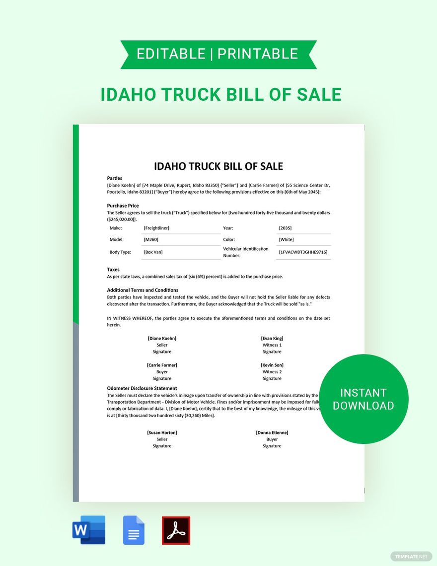 Idaho Truck Bill of Sale Template