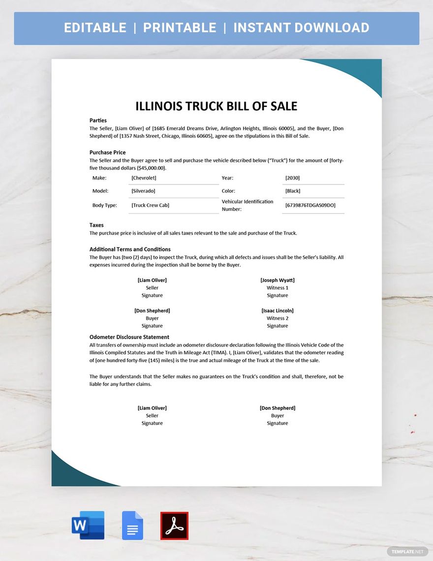 Illinois Truck Bill of Sale Template