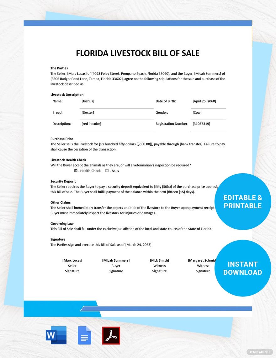 Florida Livestock Bill of Sale Template