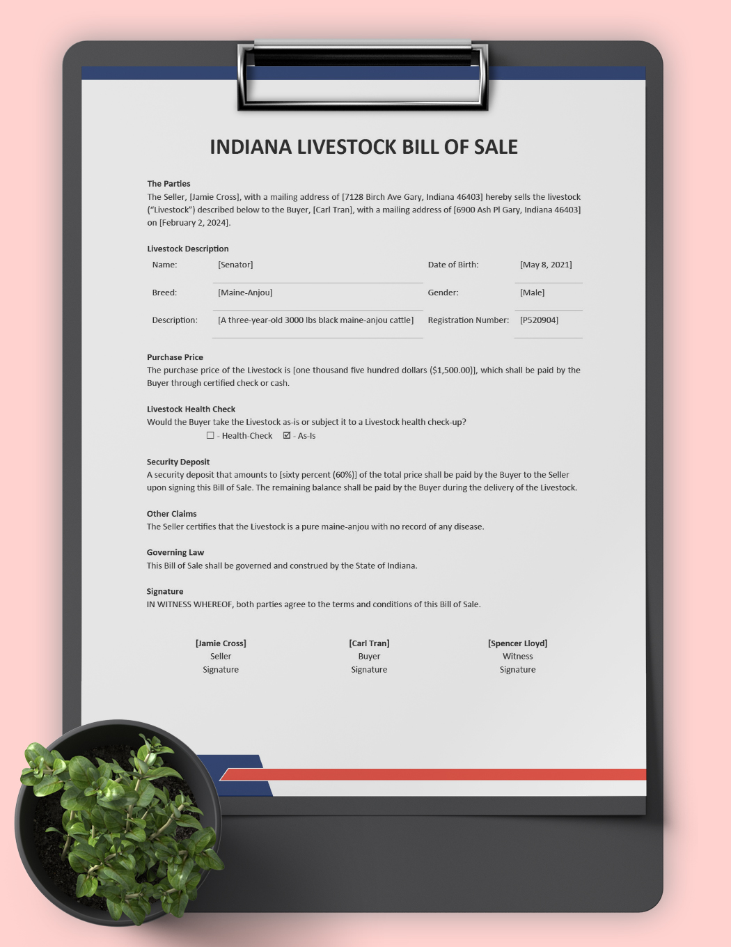 Indiana Livestock Bill of Sale Template