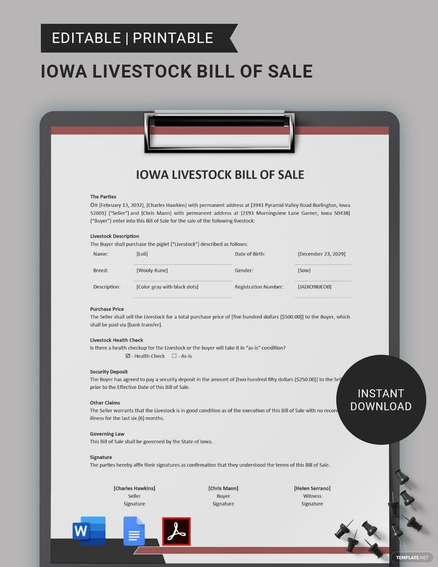 Iowa Livestock Bill of Sale Template in MS Word, Portable Documents
