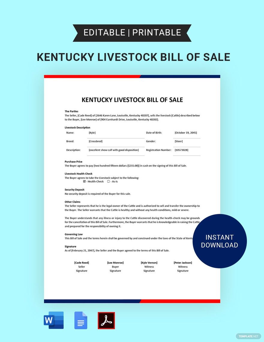 Kentucky Livestock Bill of Sale Template
