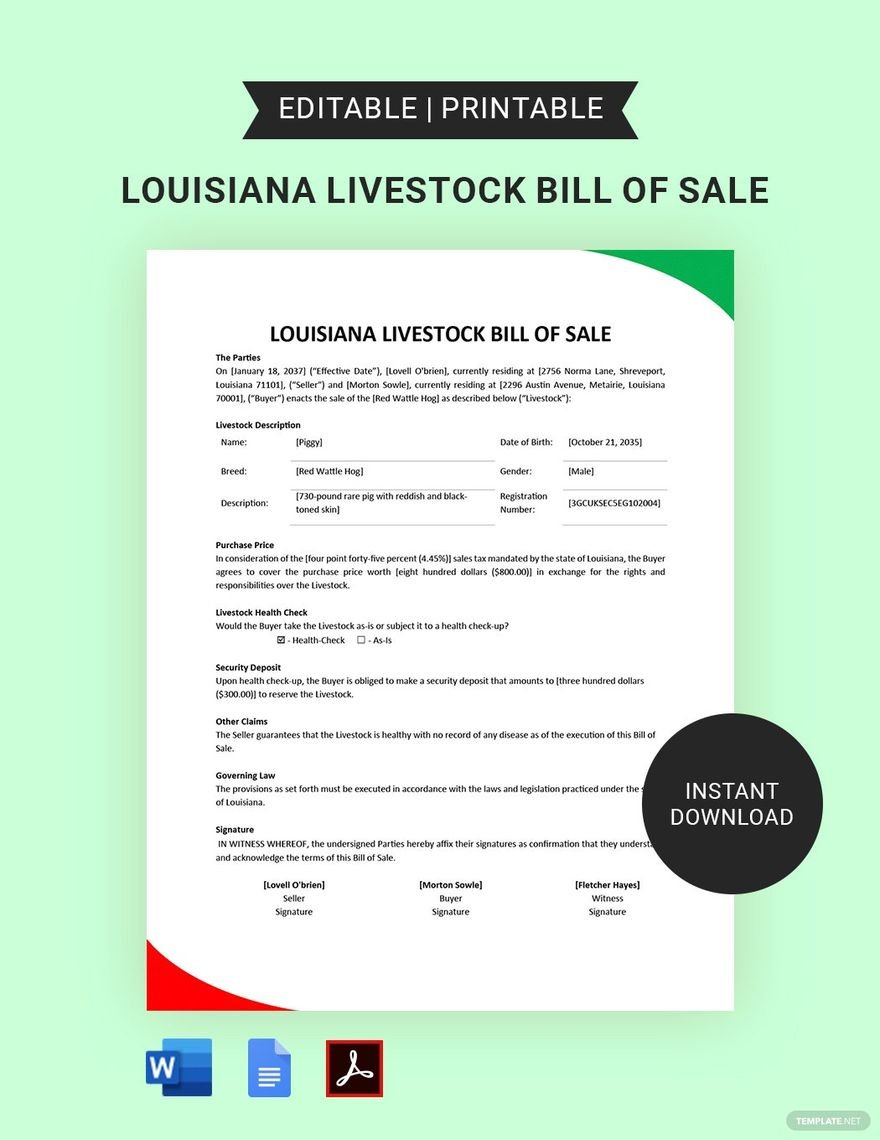 Louisiana Livestock Bill of Sale Template