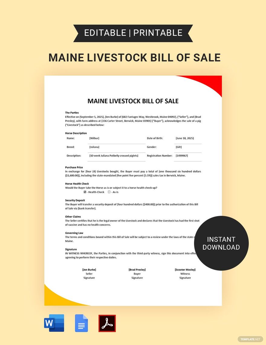 Maine Livestock Bill of Sale Template in Word, Google Docs, PDF