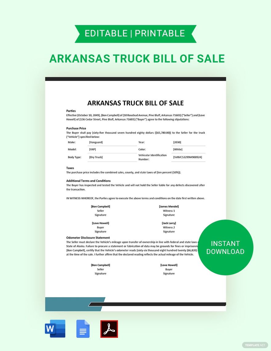 Arkansas Truck Bill of Sale Template