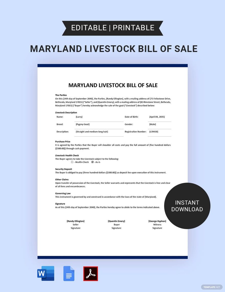 Maryland Livestock Bill of Sale Template in Word, Google Docs, PDF, Apple Pages