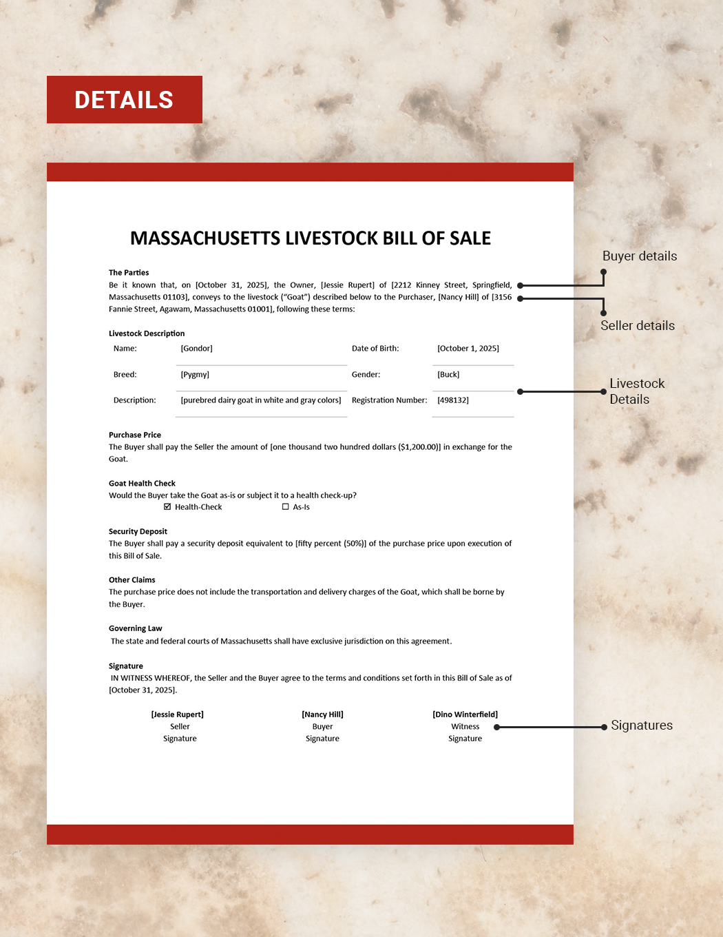 Massachusetts Livestock Bill of Sale Form Template