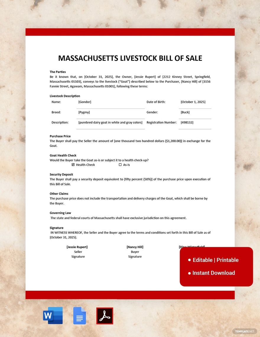 Free Massachusetts Livestock Bill of Sale Form Template in Word, Google Docs, PDF, Apple Pages