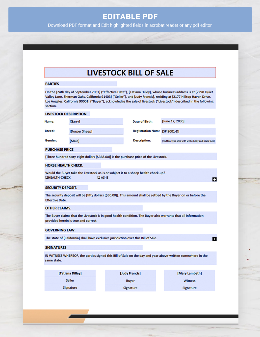 Livestock Bill of Sale Template