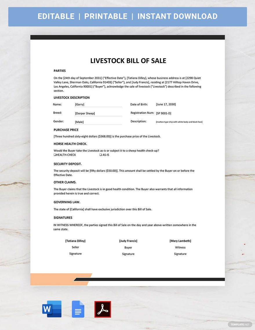 Livestock Bill of Sale Template in Portable Documents MS Word