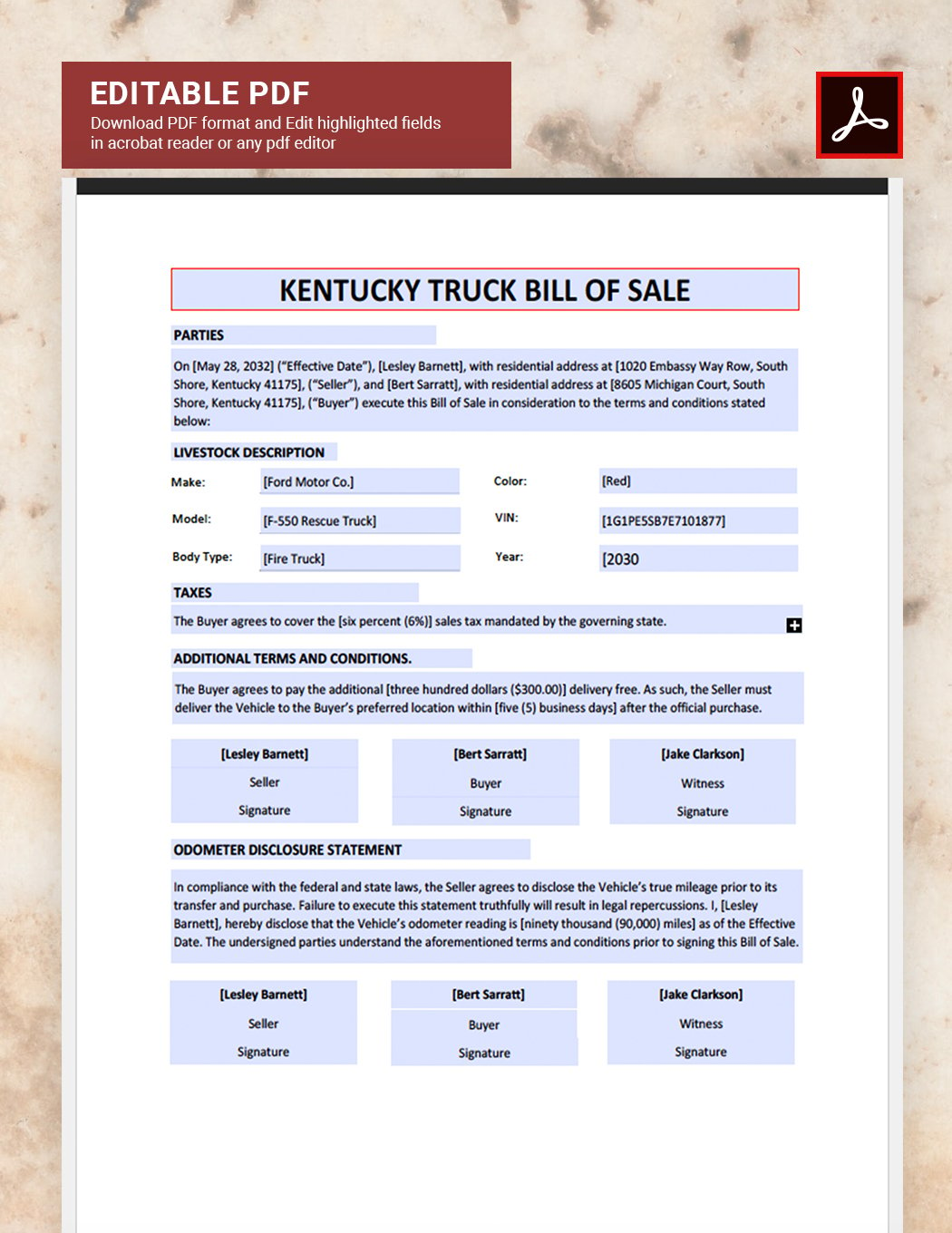 Kentucky Truck Bill of Sale Form Template