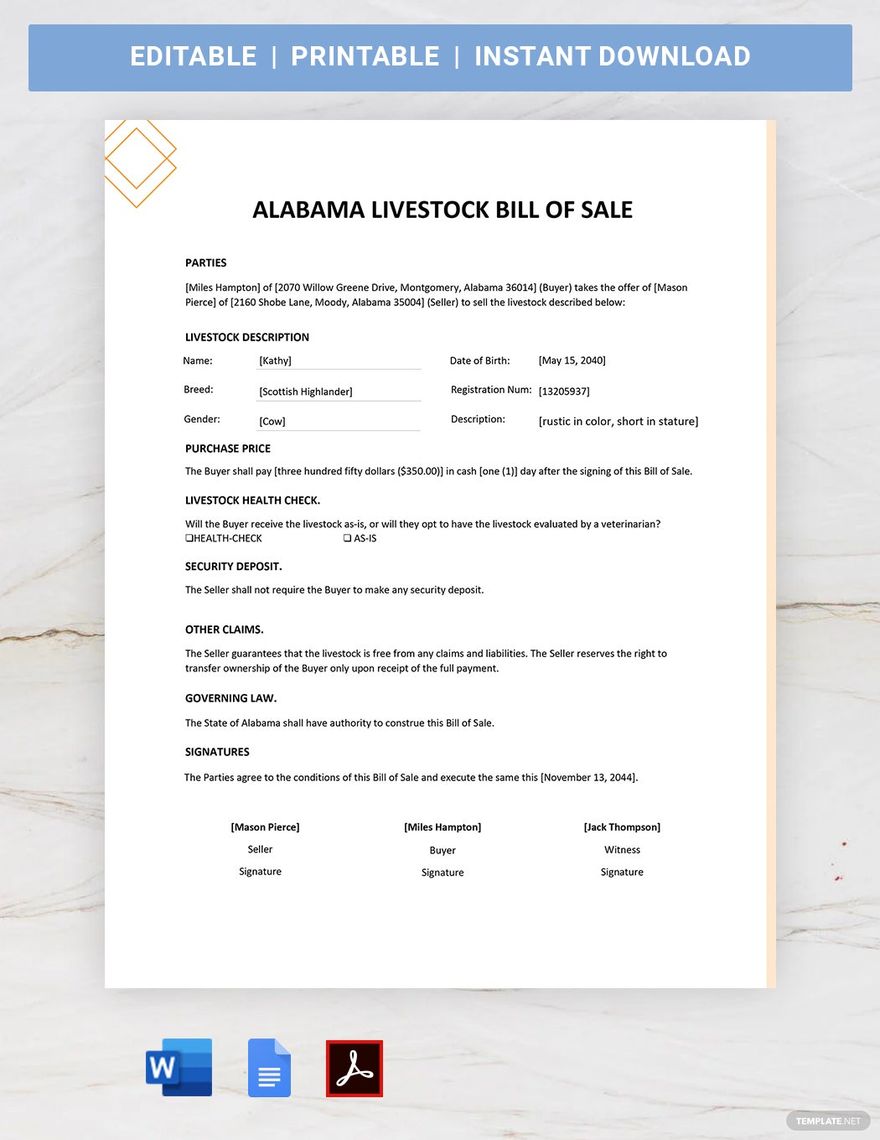 Alabama Livestock Bill of Sale in Word, Google Docs, PDF, Apple Pages