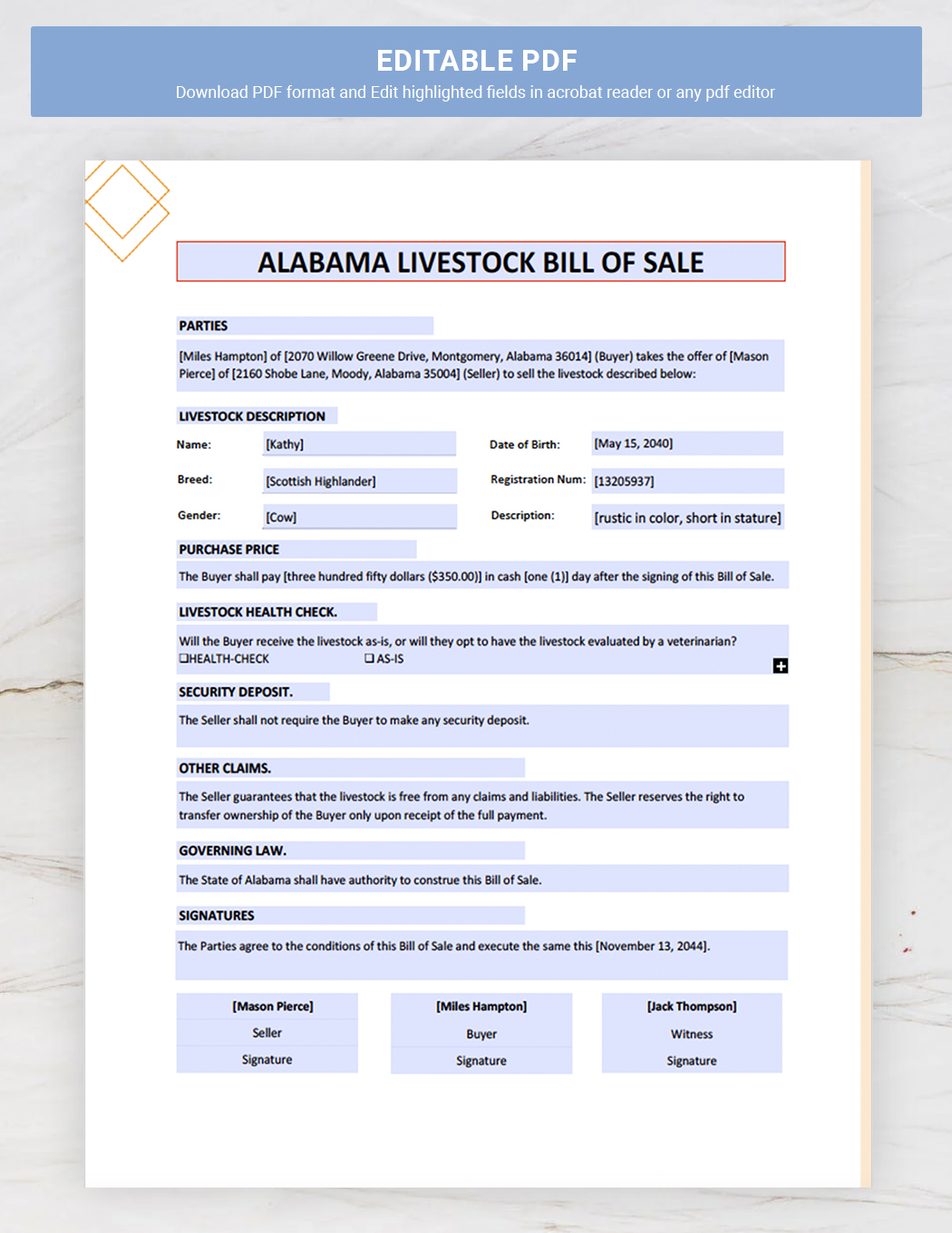 Alabama Livestock Bill of Sale