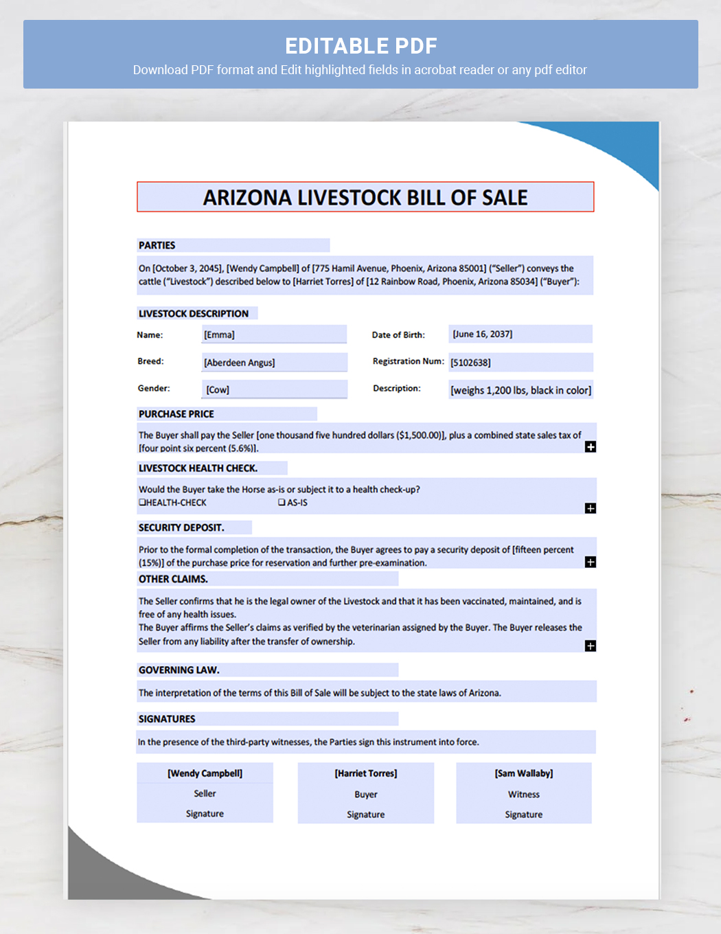 Arizona Livestock Bill of Sale Form Template