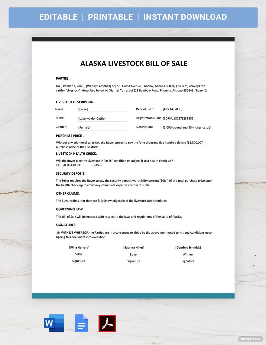 Alaska Livestock Bill of Sale Template in Word, Google Docs, PDF