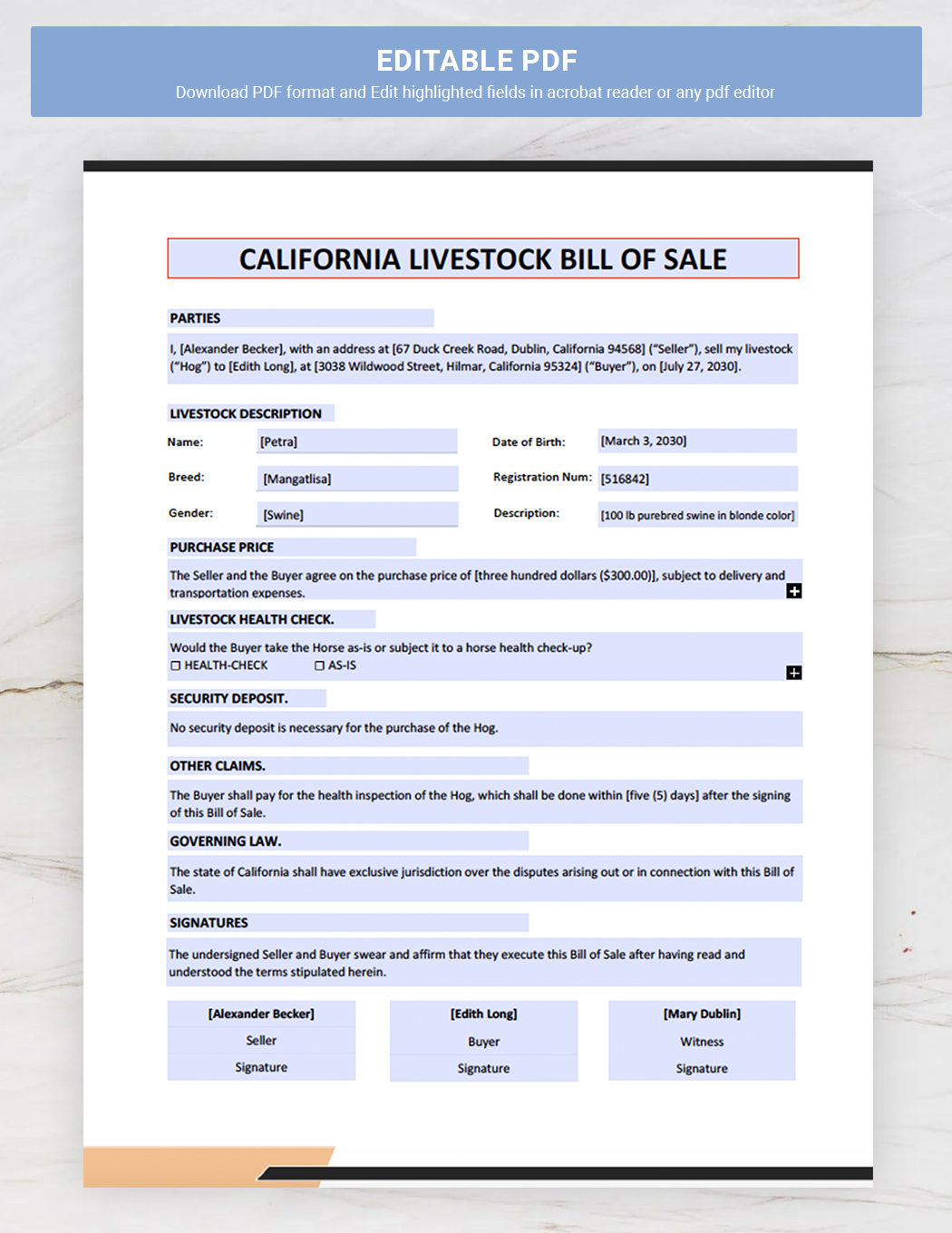 California Livestock Bill of Sale Template