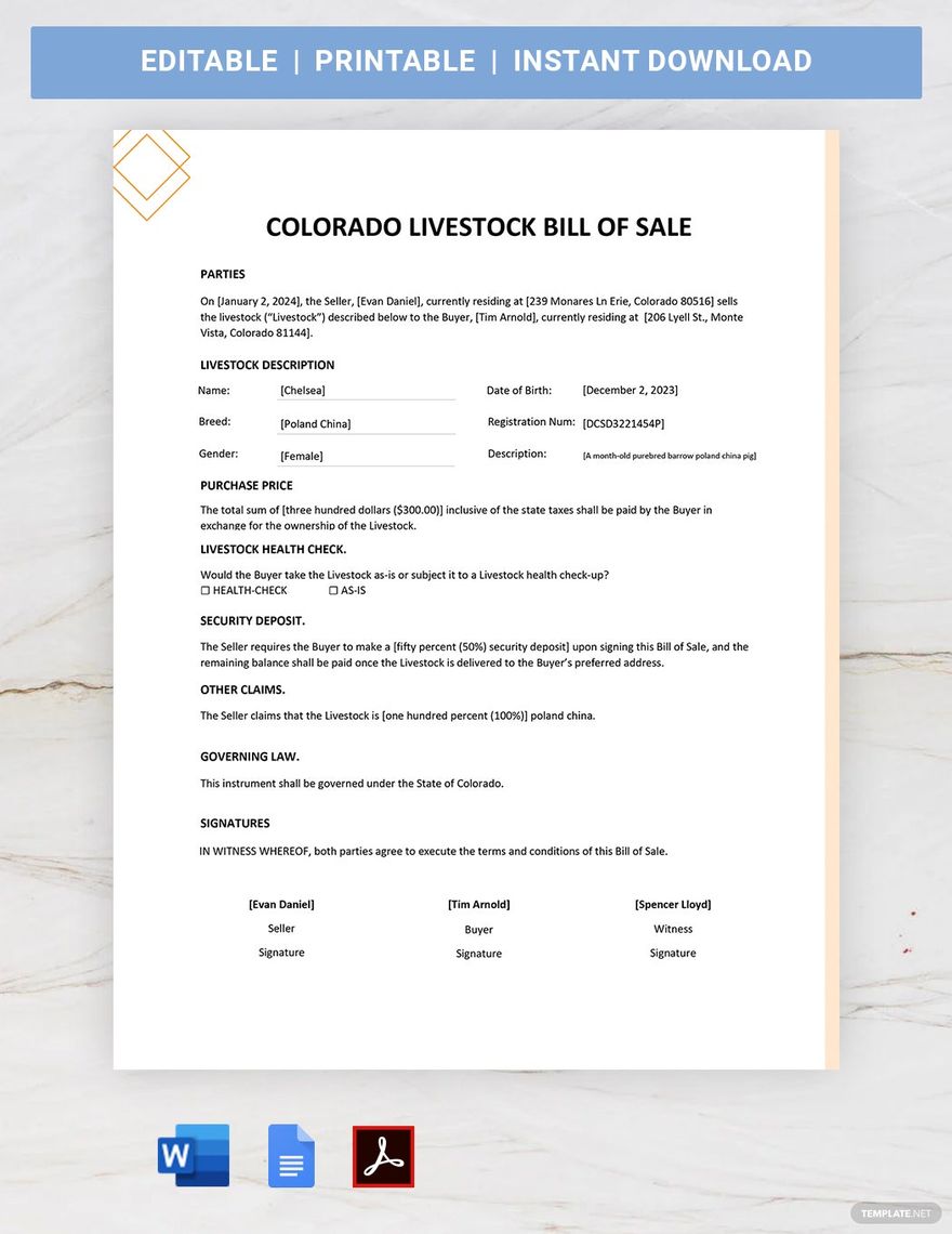 Colorado Livestock Bill of Sale Template in Word, Google Docs, PDF, Apple Pages