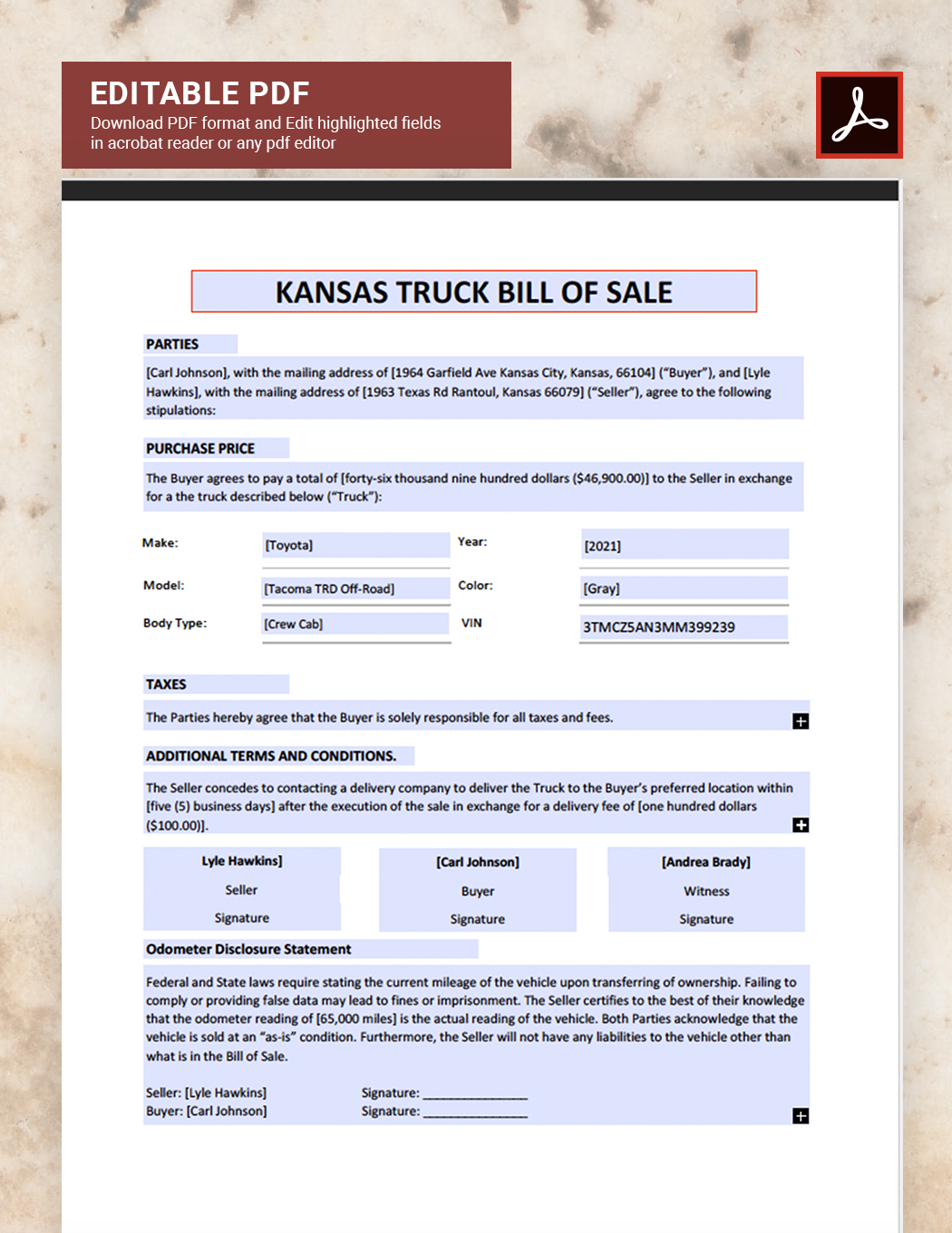 Kansas Truck Bill of Sale Template